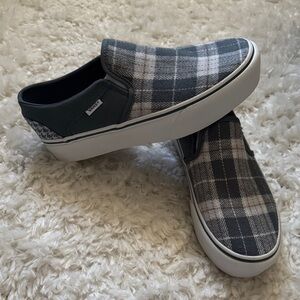 Vans Slip-On Plaid Canvas Loafers in Teal and White